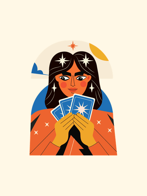 Folk-art woman fanning a hand of playing cards