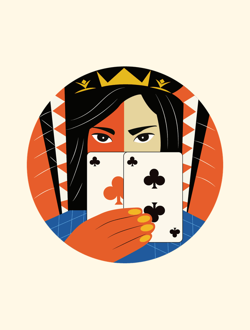 Folk-art crowned queen holding a pair of club playing cards over her face