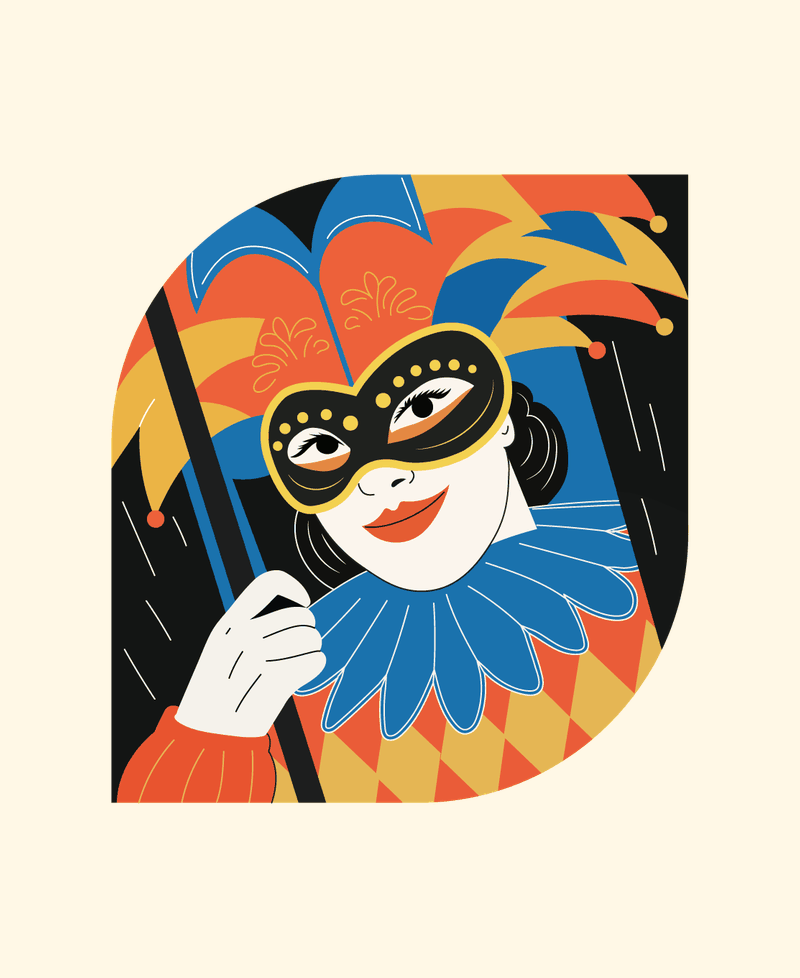 Folk-art masked queen at a masquerade