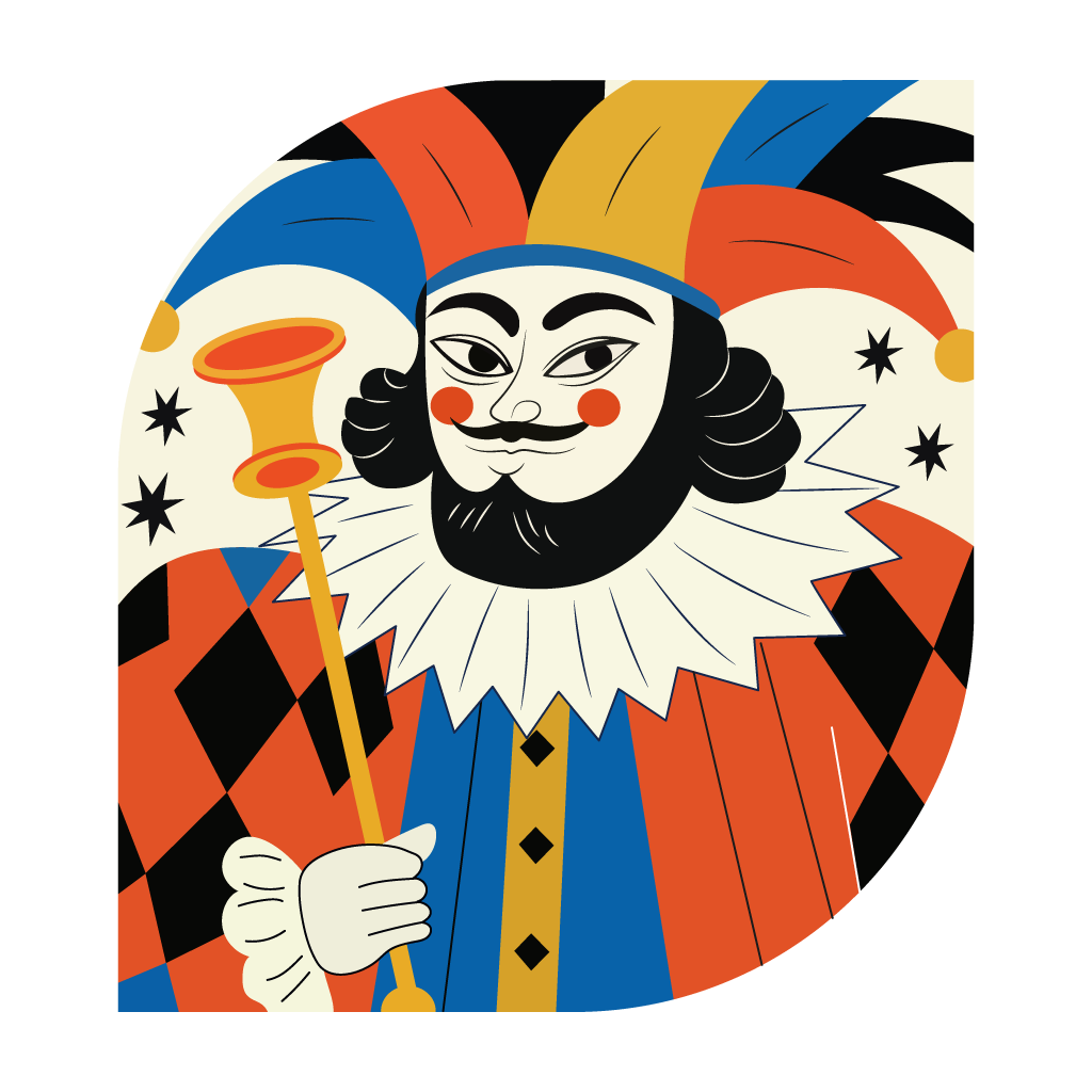 Folk-art bearded jester holding a golden horn sceptre