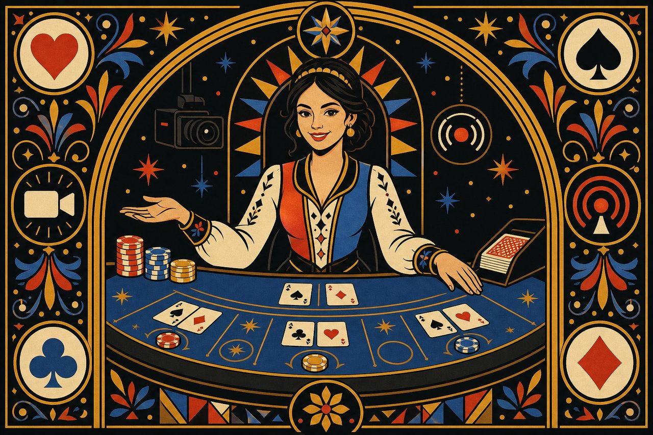Folk-art live blackjack dealer behind an elegant table