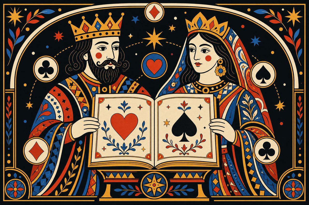 Folk-art king and queen flanking an open blackjack rulebook
