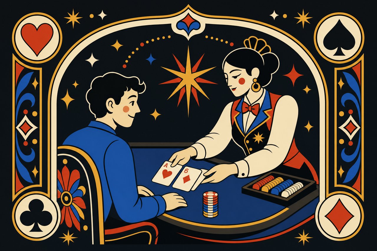 Folk-art illustration of a beginner's first blackjack hand