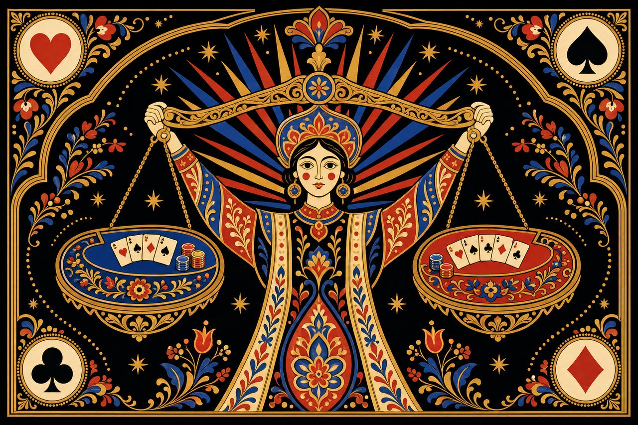 Folk-art figure holding a balance scale weighing two blackjack tables