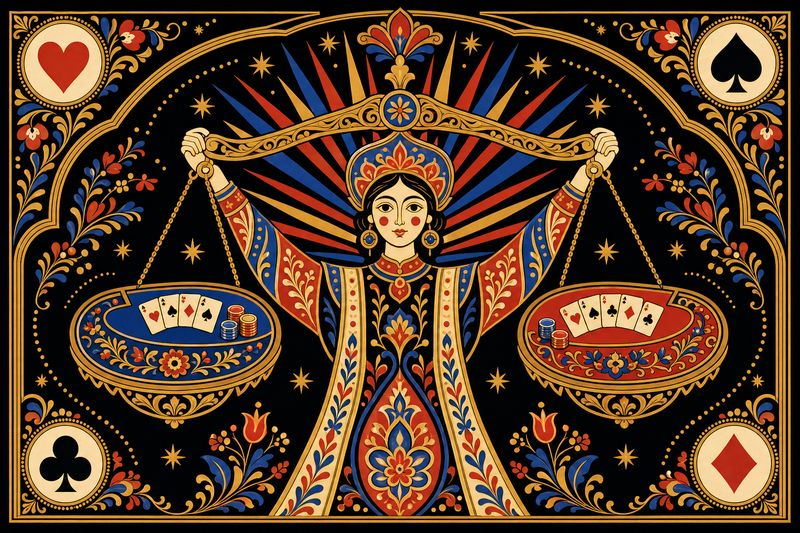 Folk-art figure holding a balance scale weighing two blackjack tables